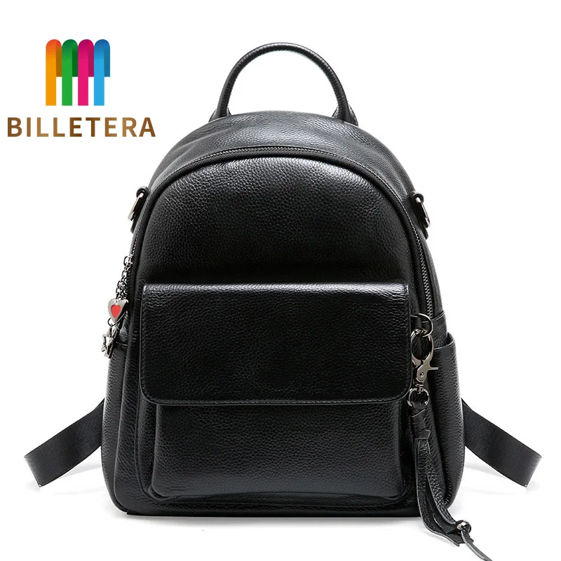 

BILLETERA Backpack Genuine Leather Black High Quality Waterproof Travel Day Pack Girls School Backpacks
