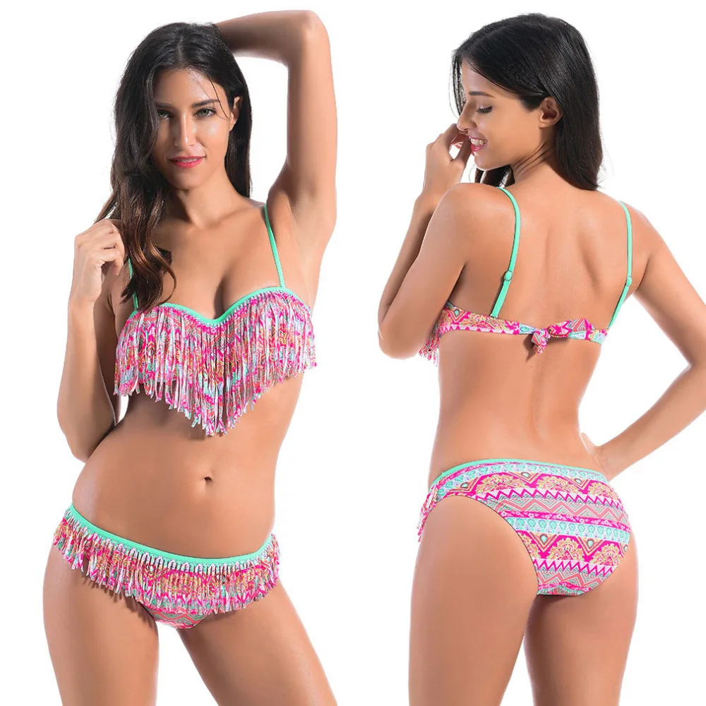 Women Two piece Fringe Brazilian Bikinis Push Up Low Waist Tassel