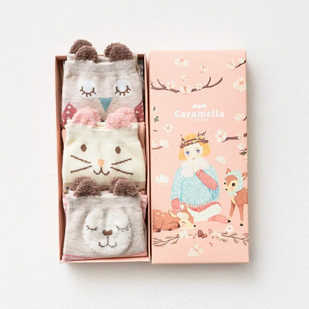 Pure Cotton Girl Socks Gift Box Pink Three Dimensional Ear 3 Pairs of