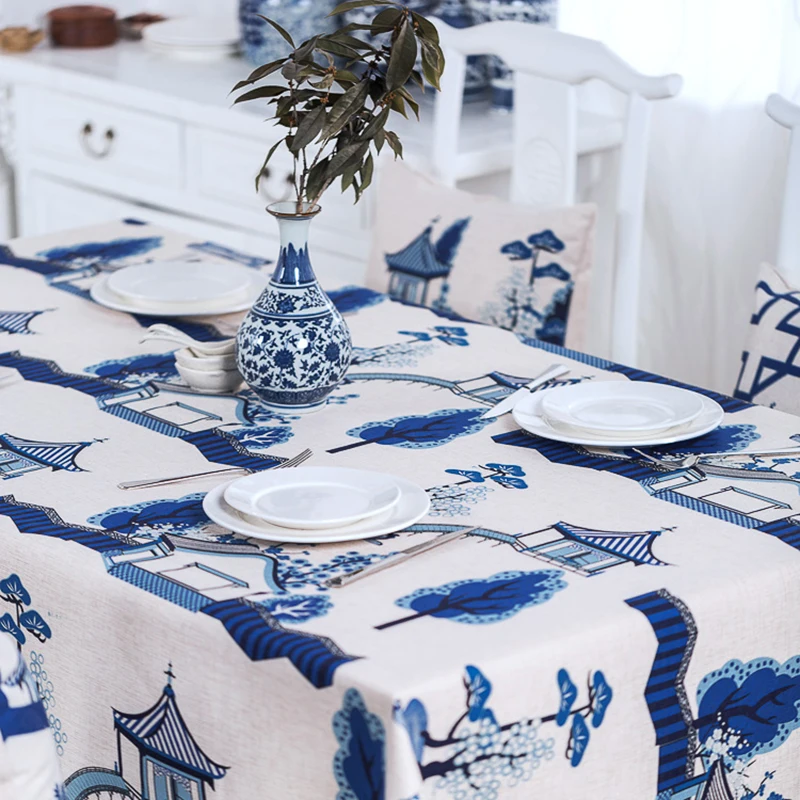 Modern Chinese Blue Flower Table Cloth Thick Linen Customize Dining