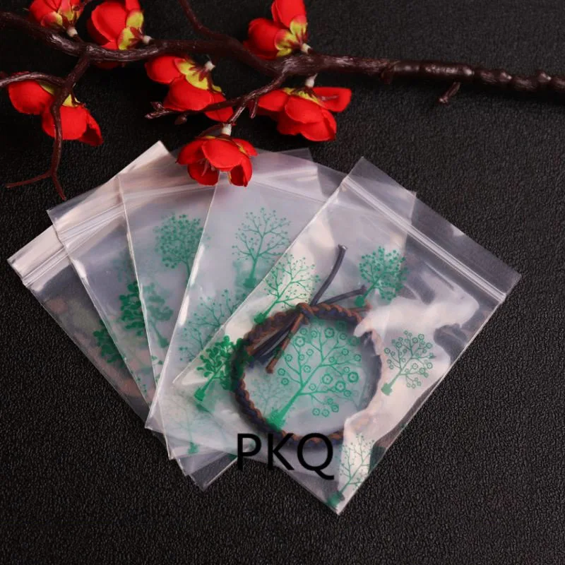 100pcs/lot PE Clear Small Plastic Bags Green Tree Printing Favor