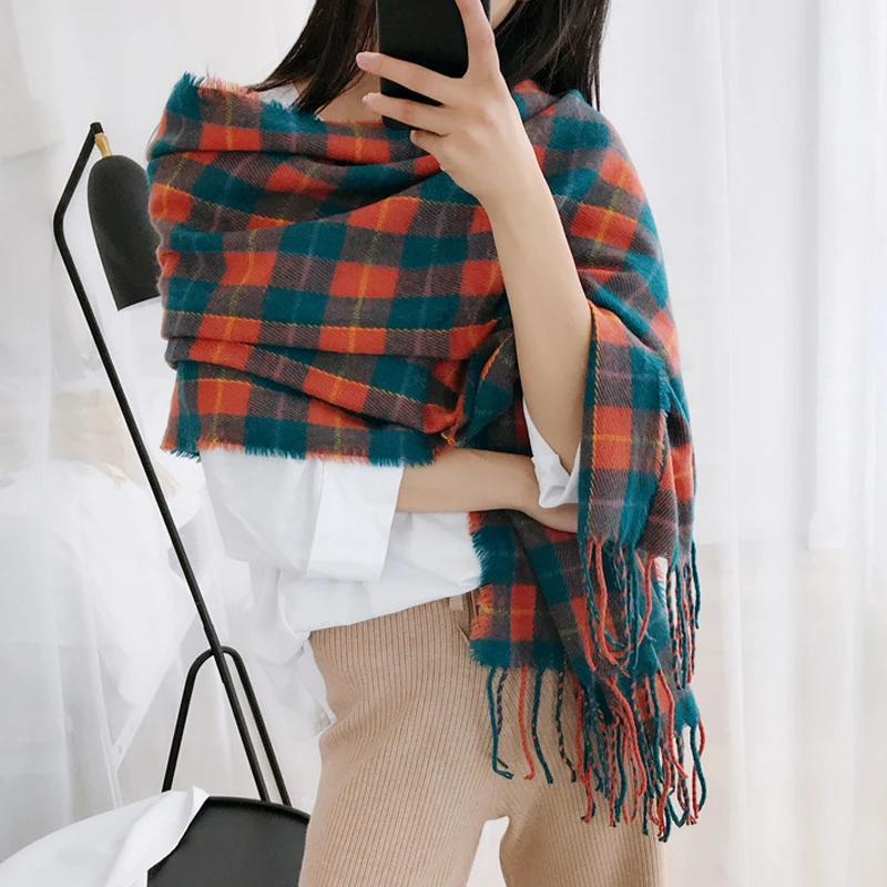 

Luna&Dolphin Women Winter Scaves Warm Orange Blue Plaid Soft Scarves Fresh Tassel Woolen Big Tippet Pashmina Blanket Shawl