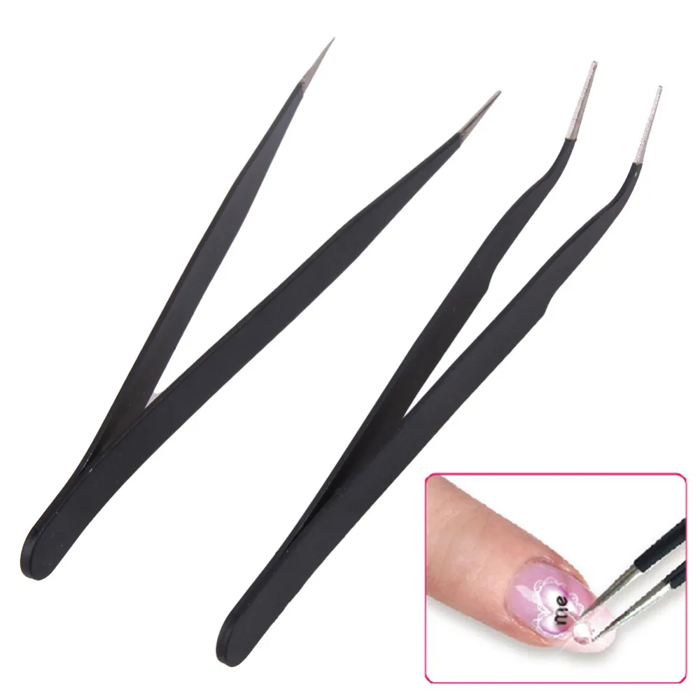 

2Pcs Antistatic Manicure Tweezer Nipper Tools Straight Bent Heads Nail Rhinestones Sequins Picking Nipper Eyebrow Tweezers