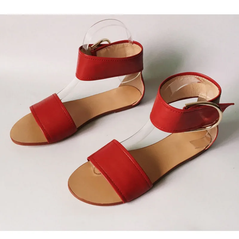 

Women Flats Sandalias Red Leather Casual Summer Shoes Woman Buckle Ankle Warp Sandals Gladiator Flip Flops Fashion Zapatos Mujer