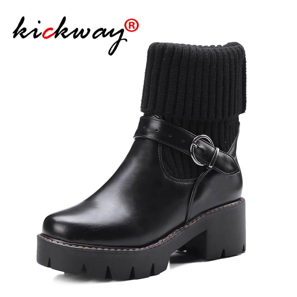 

2019 New Ankle Boots Women Fashion Autumn Buckle Knitting Platform Thick Heel Boots Ladies Worker Boots Black Big Size 10 43