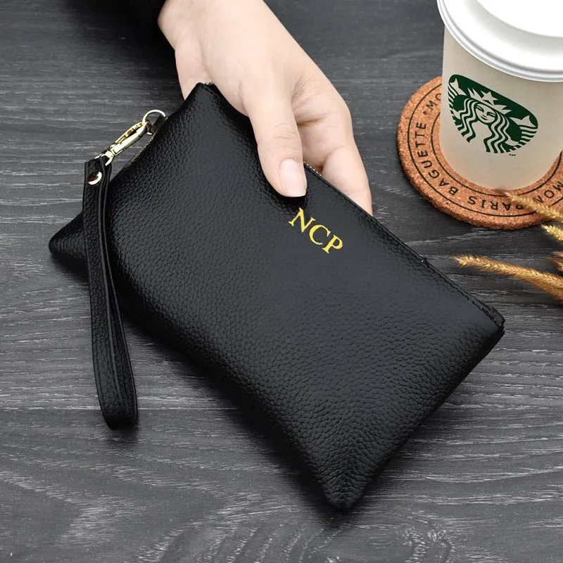 

KANDRA 2019 Custom Name Genuine Leather Women Wallets and Purses Female Luxury Brand Designer Clutch Zip Purse Wristlet Bag
