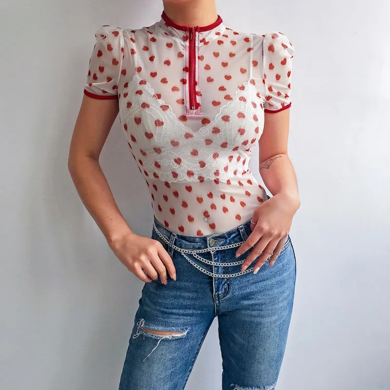 

Women Sexy jumpsuit Love Print Tight-Fitting Short Sleeved Zipper One-Piece Perspective Mesh Triangle jumpsuit