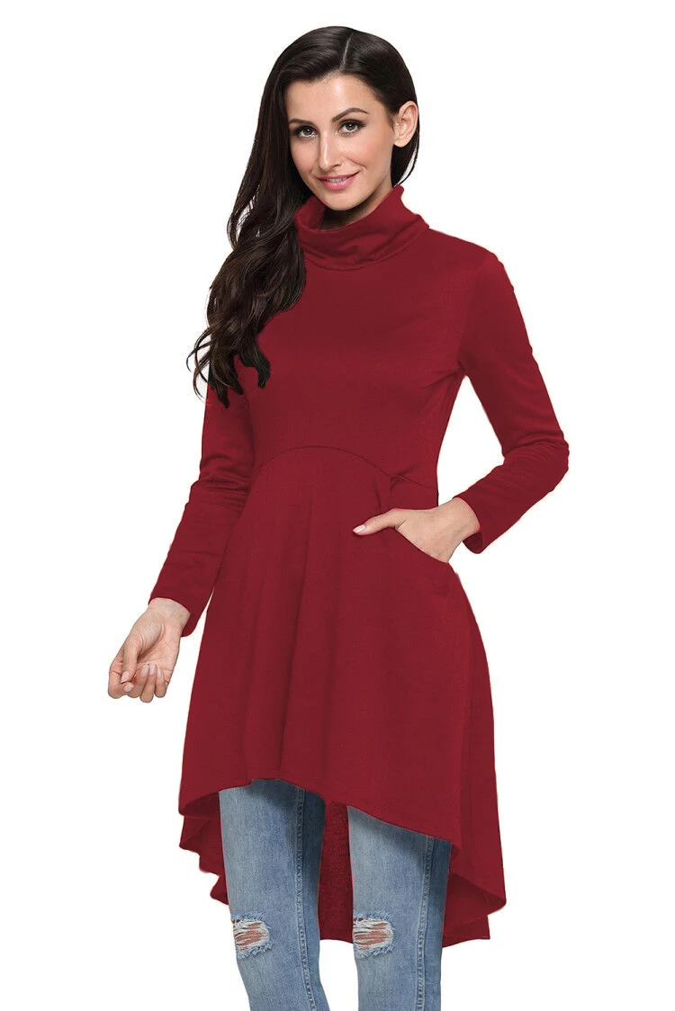 Burgundy-Long-Sleeve-Pocket-High-Low-Tunic-LC250662-3-1