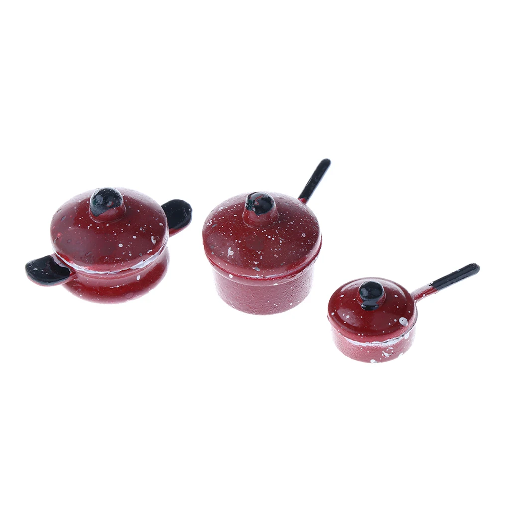 1/12 Scale 3 Pieces Metal Spotted Red Pan Cookware Set Dolls House Miniature Home Kitchen DIY Rooms Accessories Decoration