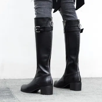 

MLJUESE 2019 women knee-high boots cow leather buckle strap winter black color short plush high boots women boots size 34-42