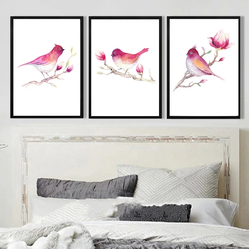 Birds-Paintings-Watercolor-Red-Birdie-Branches-of-Flowers-Art-Print-Quality-Canvas-Pictures-For-Room-Office