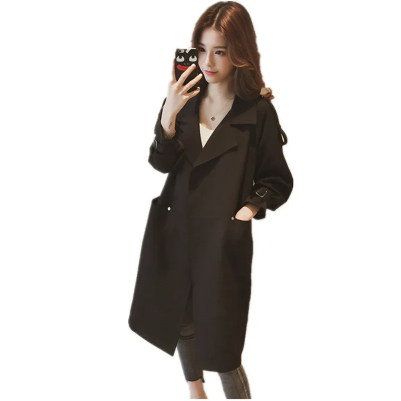 

autumn new Korean version of the large size ladies windbreaker loose solid color cardigan Medium length womens windbreaker w269