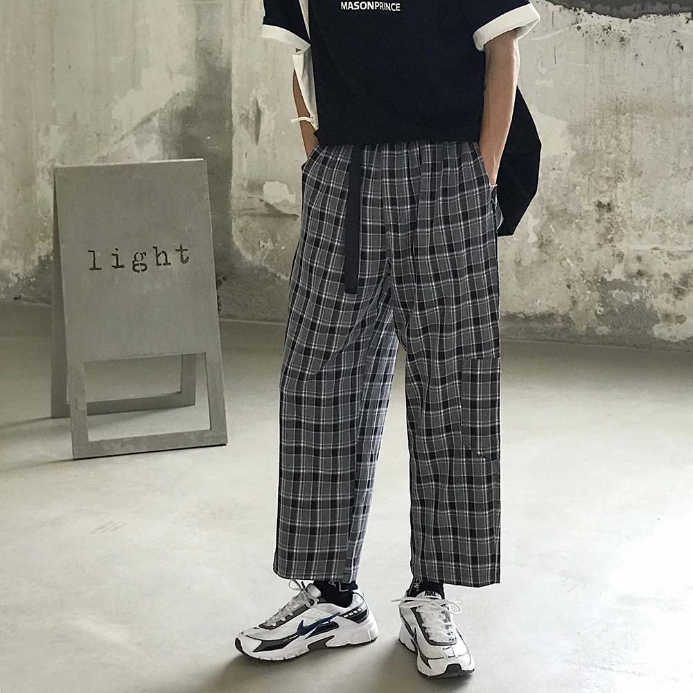 

2019 Summer Men's Lattice Printing Cotton Casual Pants Work Trousers Active Elastic Hip Hop Loose Joggers Sweatpants Size M-XL