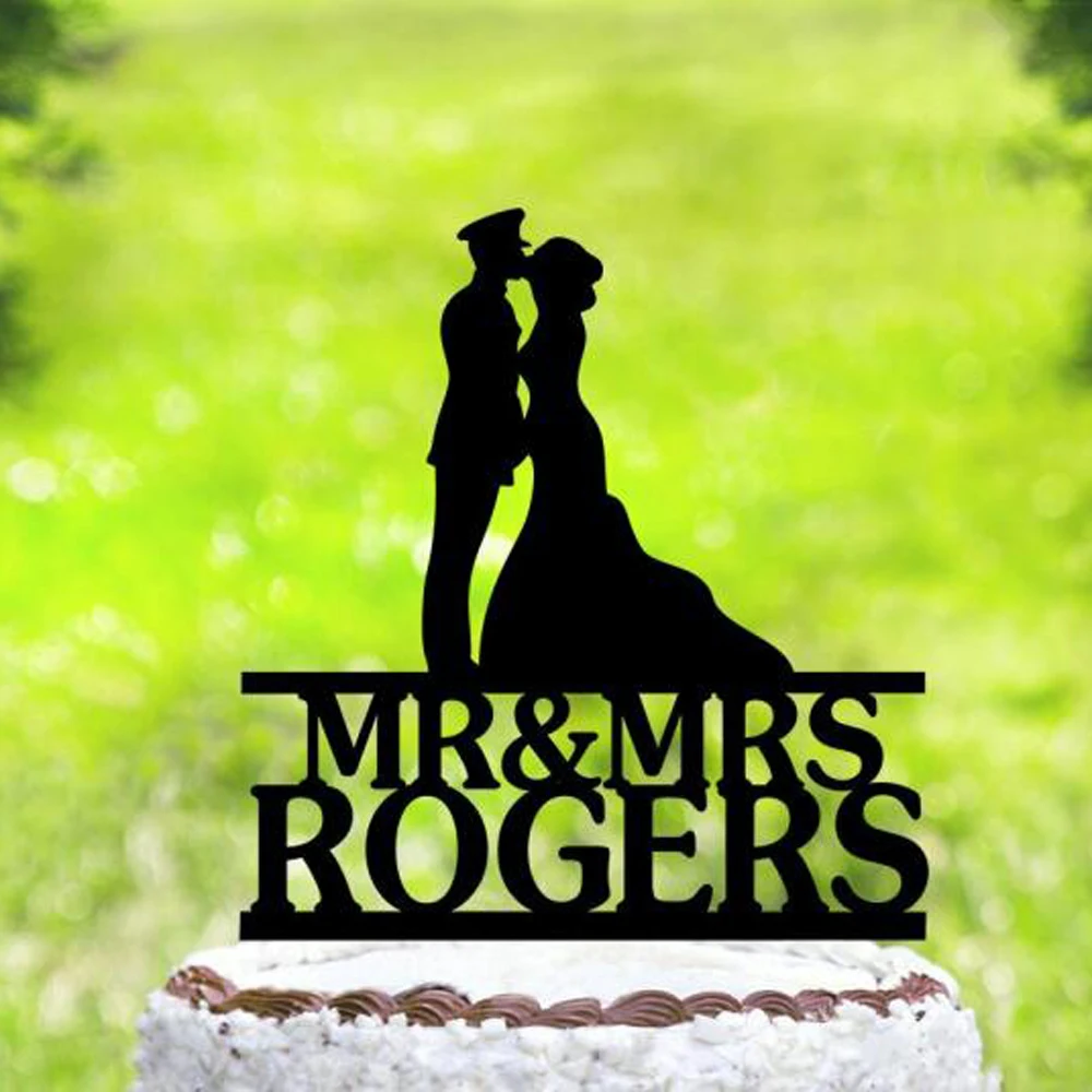 Personalized name Wedding OfficerUniform Cake Topper,Bride &Groom Silhouette Military Cake Topper, Welcome Home Soldier Topper
