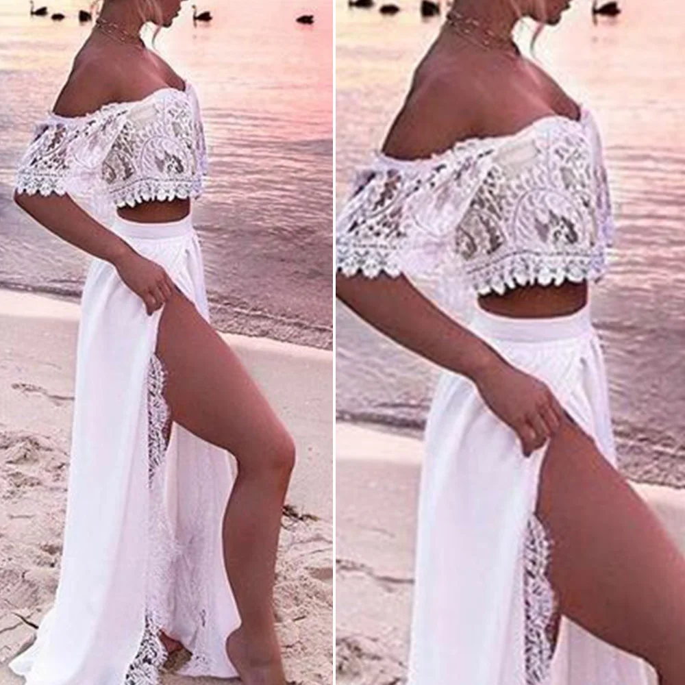 

2pcs Womens Boho Lace Dress Off Shoulder Long Maxi Beach Cover Up Dress Summer