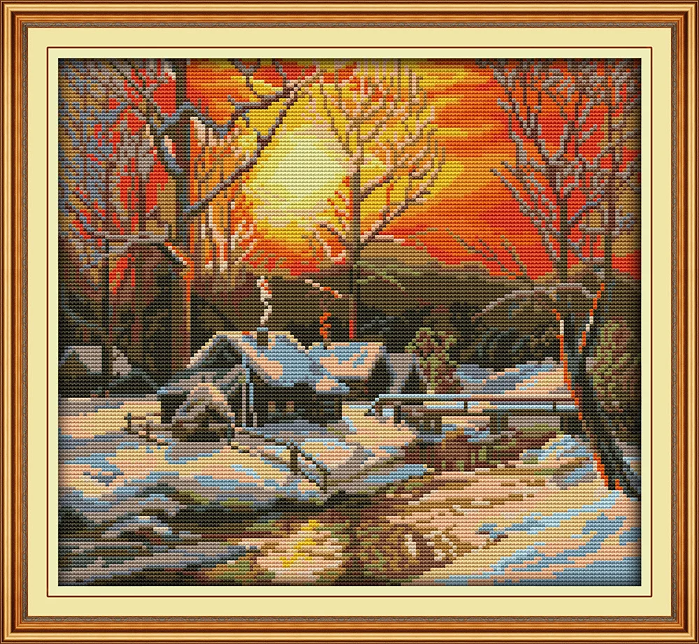 Набор для вышивки крестиком Joy Sunday The Country winter morning in snow DMC с принтом | Дом и сад