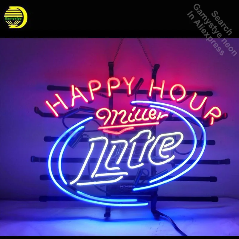 Неоновая вывеска для Миллер Lite Happy Hour неоновая лампа знак пивной бар Паб неоновый трубки знак коммерческих ручной работы Publicidad магазине отображает