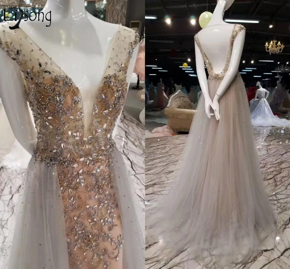 

Sexy Backless Long Evening Dresses Abiye Shiny Crystal Rhinestone Evening Gowns Detachable Train Abendkleider Robe De Soiree