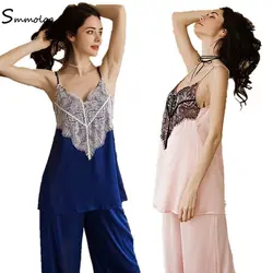 Smmoloa 2019 новые горячие сексуальные женские кружевные шелковые пижамы наборы новый дизайн v-образным вырезом жилет + длинные брюки