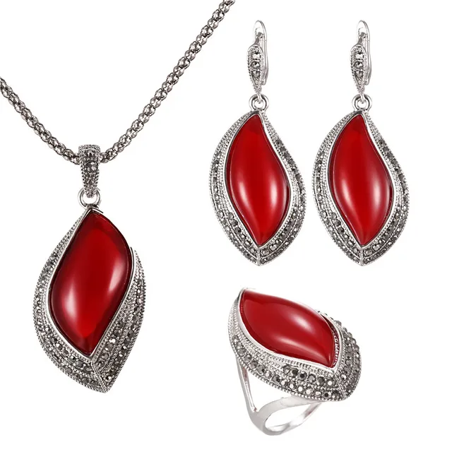 Red Stone Jewelry Sets For Women Antique Silver Plated Full Rhinestone