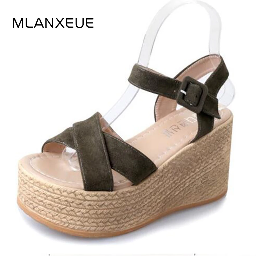 

MLANXEUE Summer Buckle Women's Sandals High Heel Platform Open Toes Women Sandals Shoes Velvet Flock Fish Mouth Non-slip Shoes