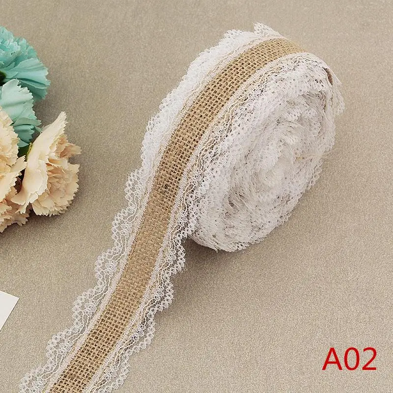 2 метра 1 дюйм лента из джута, мешковины с кружевом винтажная деревенская натуральная пеньковая лента рулон для свадебного украшения подарочная упаковочная лента - Цвет: A02