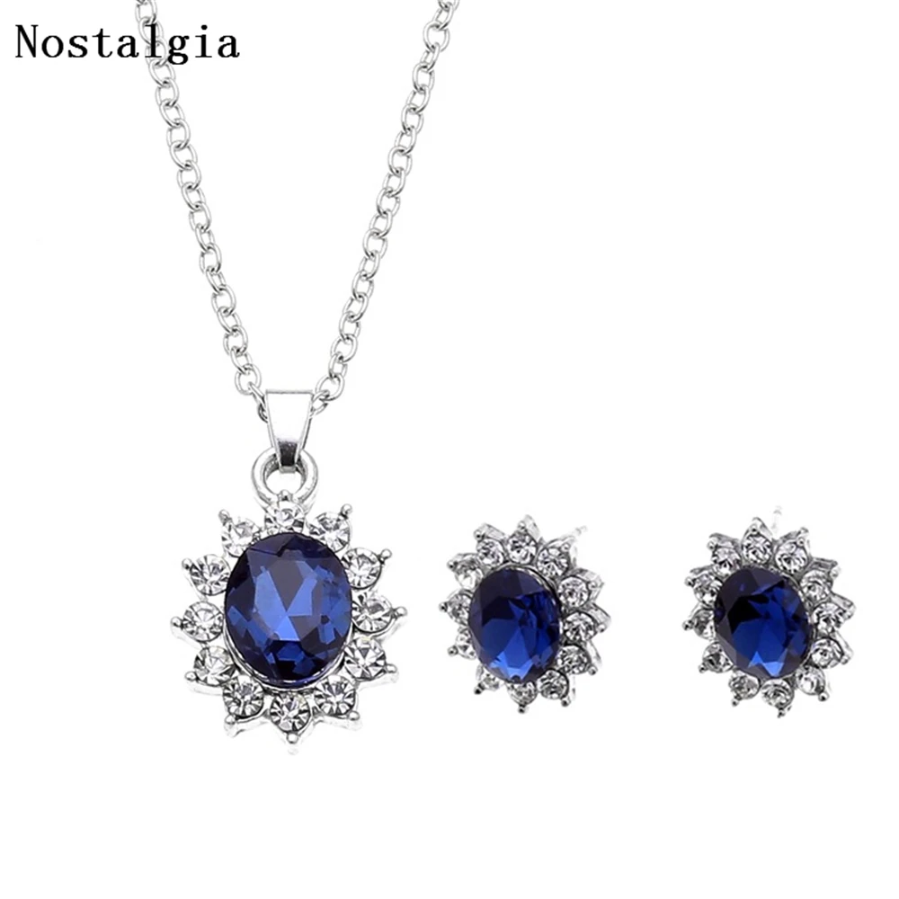 

Vintage Princess RhinestoneJewelry Dark Royal Blue Necklaces & Pendants Silver Statement Necklaces For Women Wedding Crystl Gift