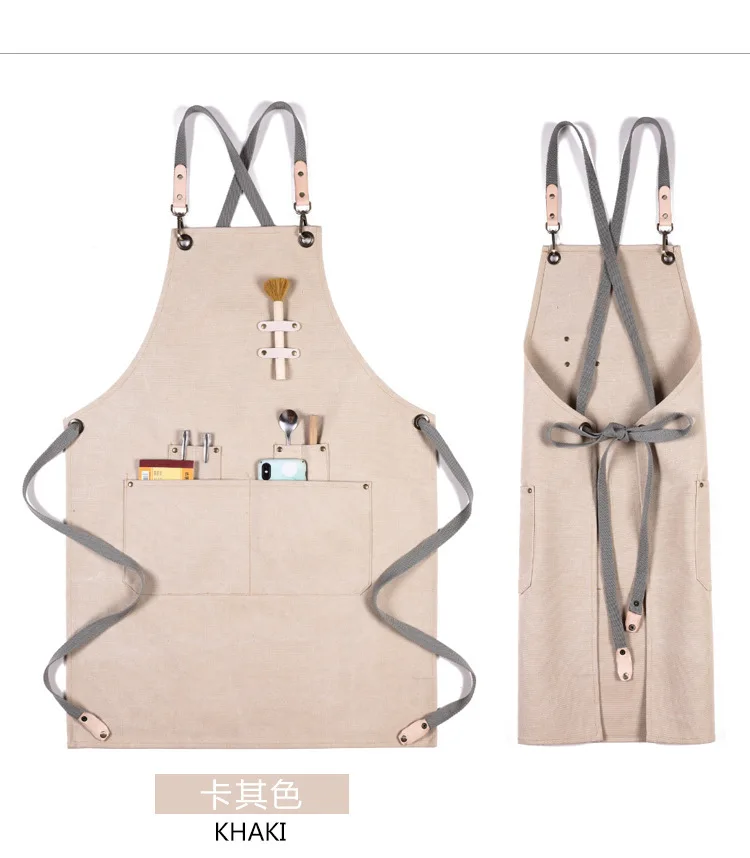 Cotton Canvas Apron Unisex Adjustable Leather Hanging Neck Hotel Restaurant Cafe Barber Shop Bakery Bar Waiter Work Pinafore