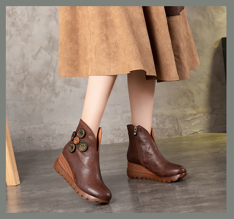 Новая женская обувь; Лидер продаж; женские ботинки на танкетке с разноцветными стежками и пуговицами; винтажные фабричные женские ботинки на платформе из натуральной кожи