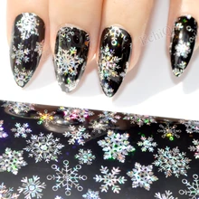 Голографическая Серебряная Снежинка для украшения ногтей, фольга, черный стиль, для дизайна ногтей, пленка для переноса клея, наклейки, зима, необходимо в банке, 1 метр, GL615