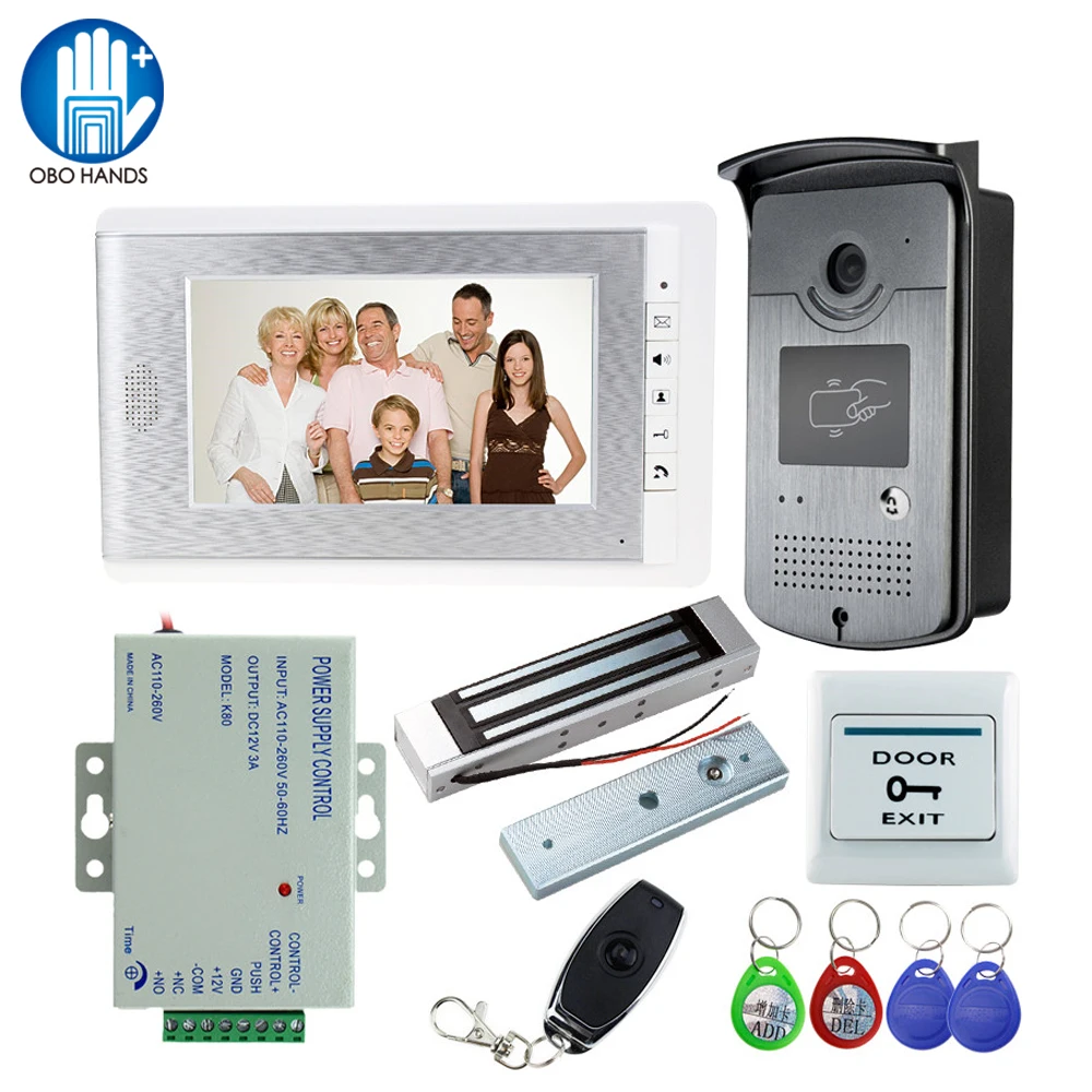 

7inch RFID Wired Color Video Door Phone Intercom Doorbell System with electronic lock 180KG magnetic+DC12V power supply for home