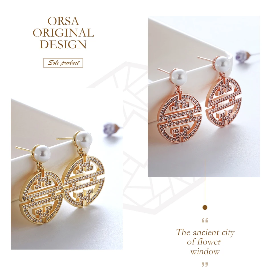 ORSA JEWELS оригинальные серьги с настоящий жемчуг AAA блестящие CZ китайские традиционные Цветочные со стеклом узор женские серьги подарок OE196