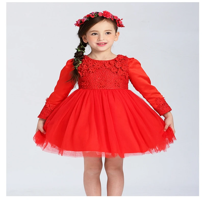 Quality red autumn winter long sleeves girl dresses new year christmas