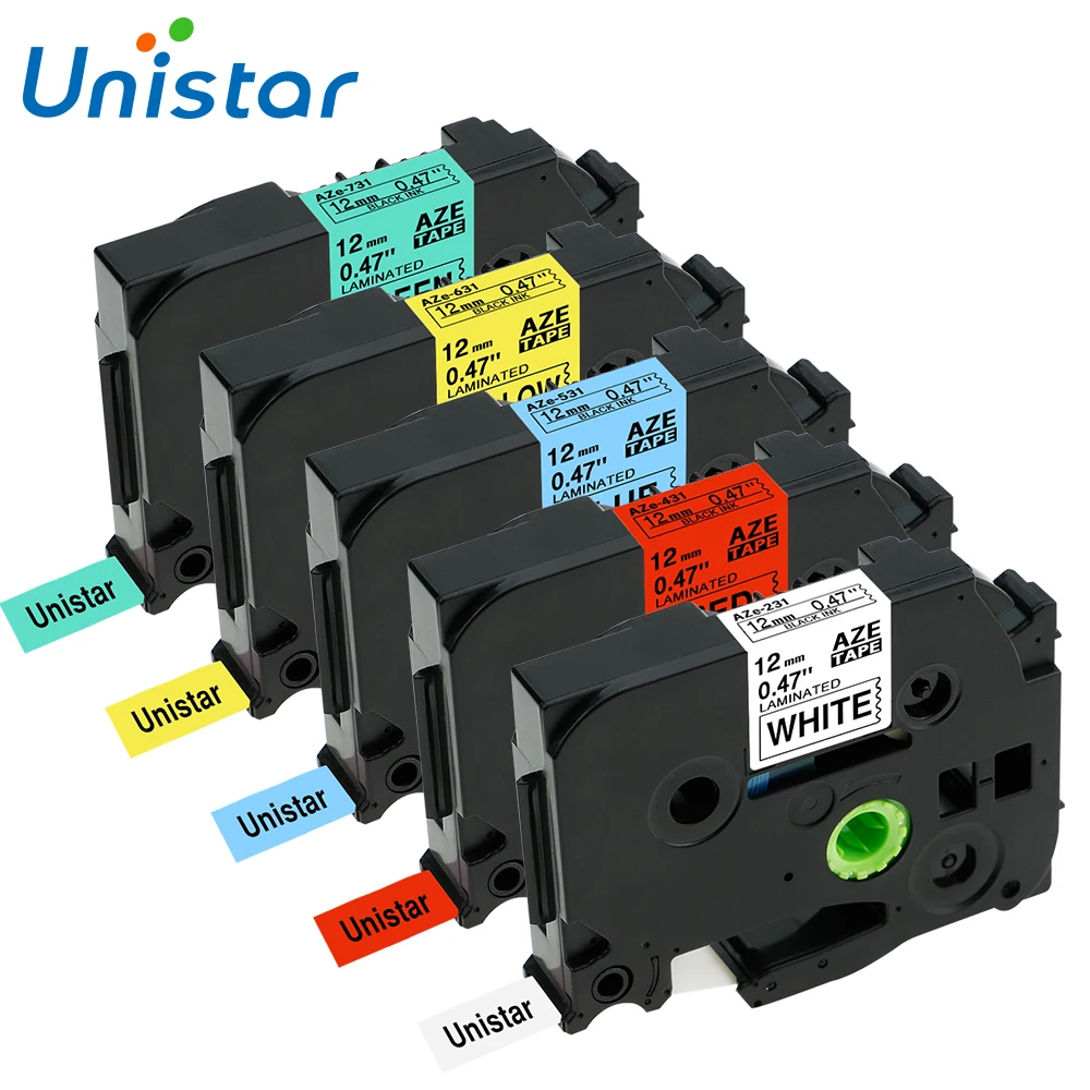 

Unistar 5pcs tze231 Compatible Brother P-touch TZe Tape 12mm Combo Set TZe-231 TZe-431 TZe-531 TZe-631 Mixed colors Label Maker