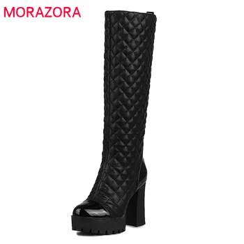 

MORAZORA 2020 genuine leather boots women zipper knee high boots warm autumn winter platform boots square high heels shoes