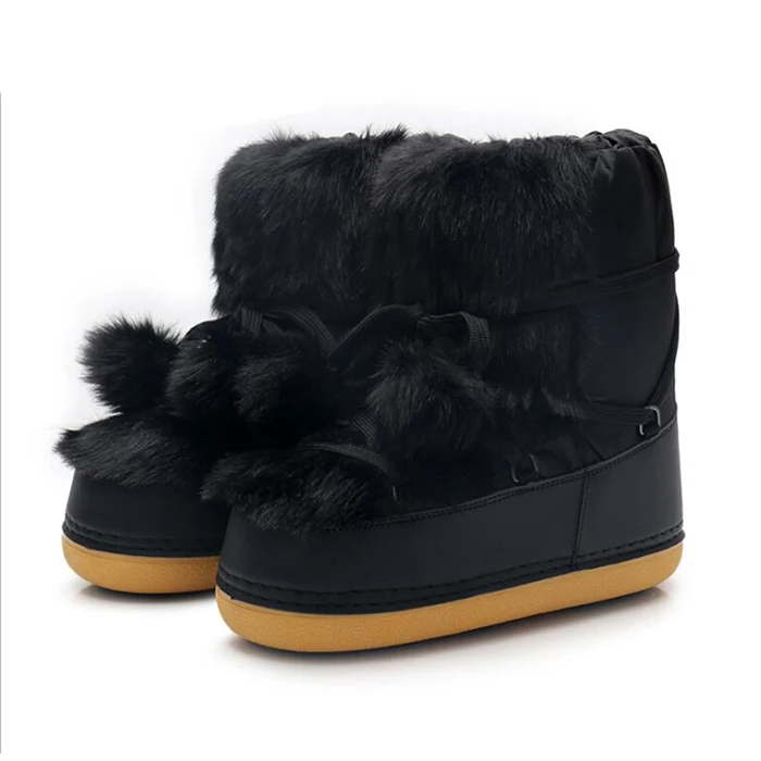 Зимние сапоги; женская обувь; зимние теплые хлопковые ботинки с помпонами; женские повседневные ботильоны без застежки; модные вечерние сапоги с круглым носком - Цвет: Black Boots
