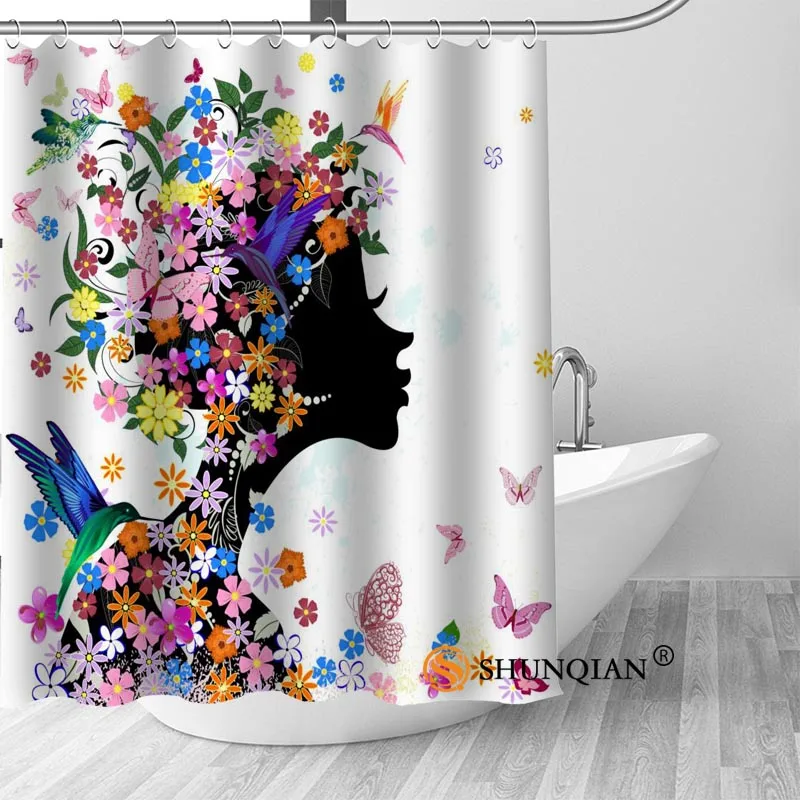 

High Quality Custom woman flowers Shower Curtain Polyester Fabric Bath Curtain Hooks Mildew Resistant 1PC Custom