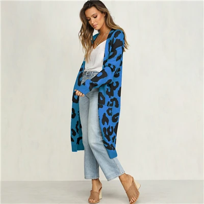 Женский кардиган, осенне-зимнее пальто, популярный длинный свитер с леопардовой раскраской, 6 цветов, свободная вязаная одежда для женщин, повседневный женский зимний свитер - Цвет: Синий