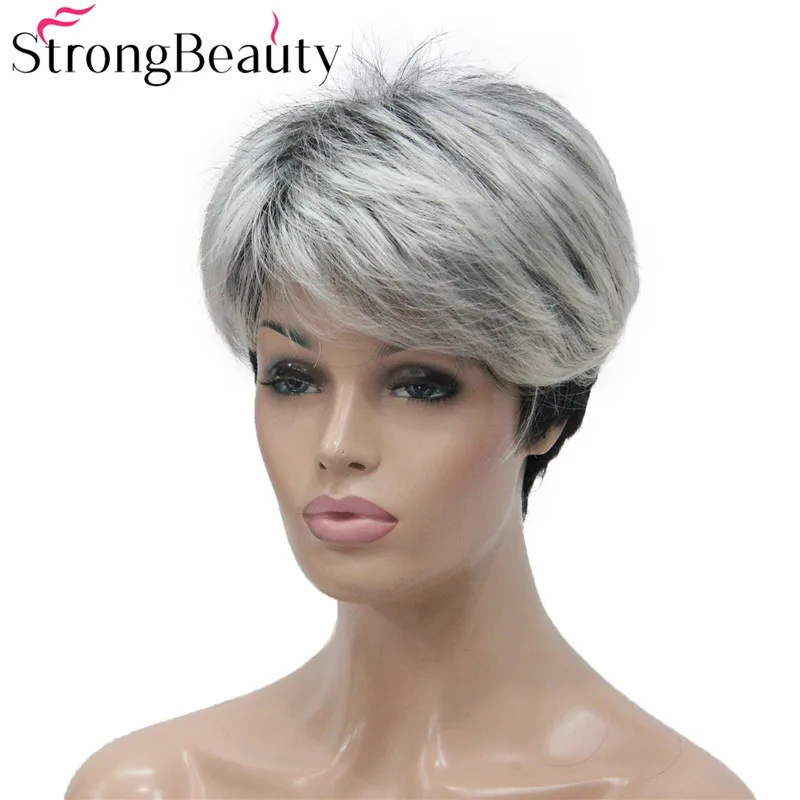 

Strong Beauty Short Grey With Black Wig Two Tone Women's Wigs Side Swept Bangs Synthetic Hair