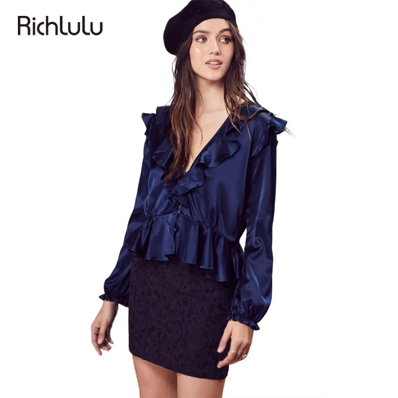 Richlulu 2018 Women Deep Blue Sexy Sweet Shirts V-neck Long Sleeve Backless Ruffles Female Casual Blouses Lady |
