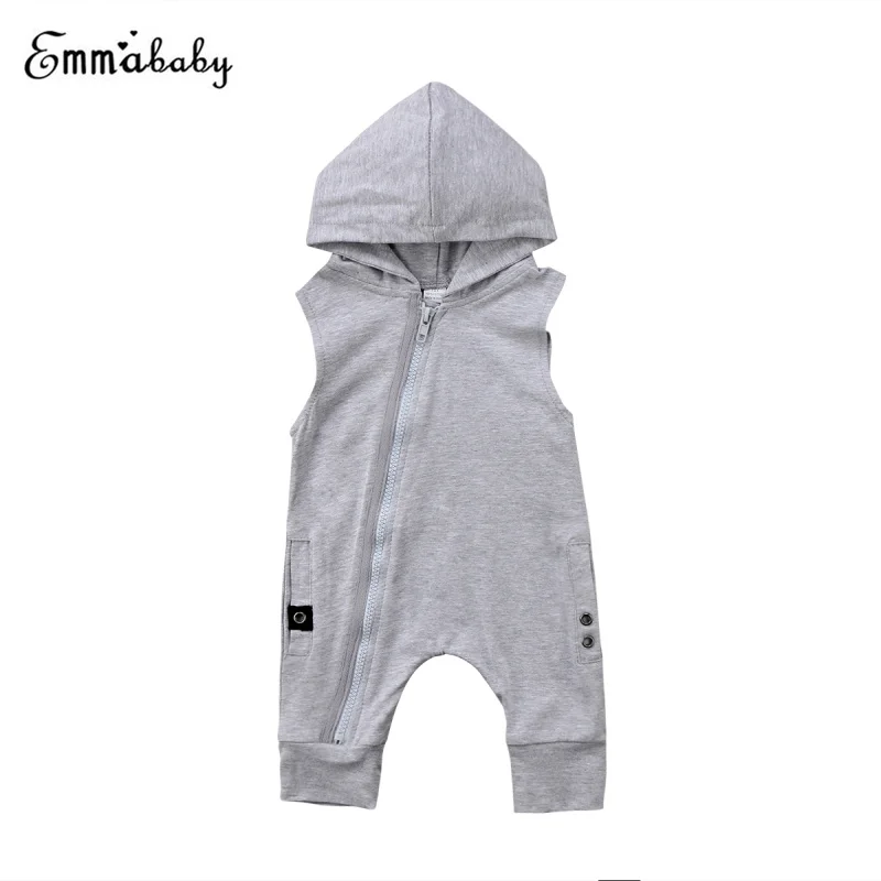 Baby Boys Girls Rompers Infant Hooded Sleeveless Romper Jumpsuit Grey
