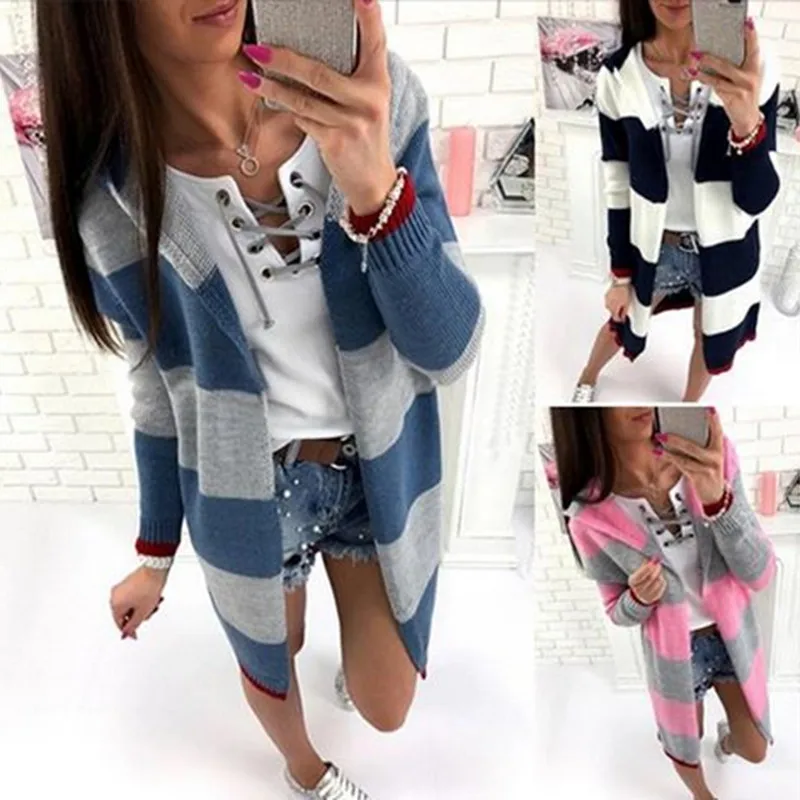 2017 Fashion Contrast Color Striped Long Sleeve Knit Cardigan Casual Women Loose Sweater Patchwork Jacket |