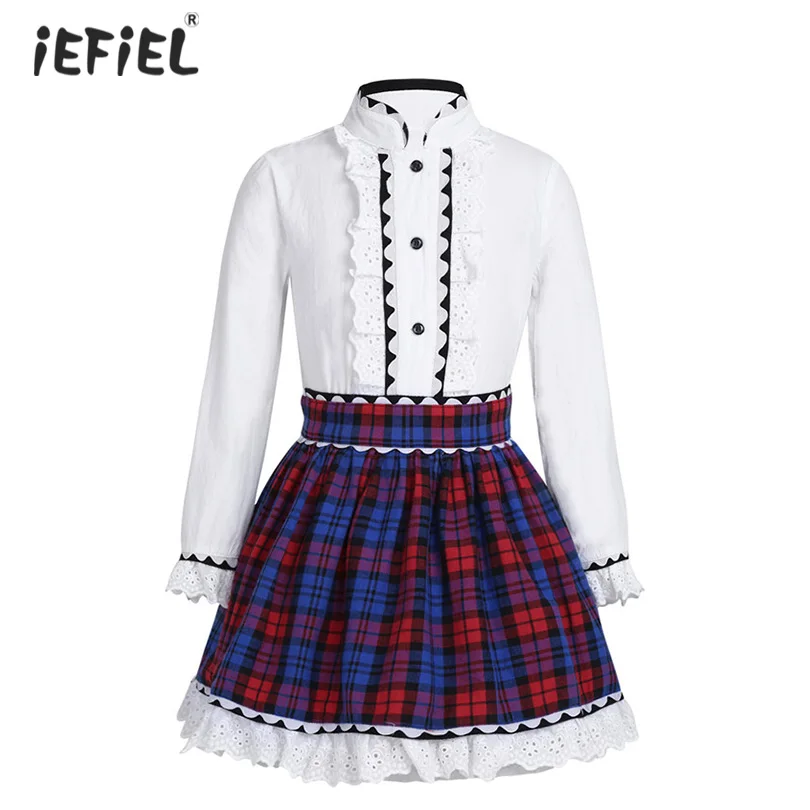 

2018 Kids Girls Outfits Long Sleeves Mock Neck Shirt with Plaid Lacework Hem Zippered Skirt Set for Party or Daily Wear SZ 3-10