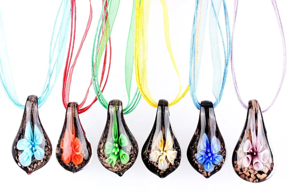 

QianBei Fashion Beauty Wholesale 6pcs handmade Murano Lampwork Glass Mixed Color Flower Inside Pendants Charms Necklaces NEW