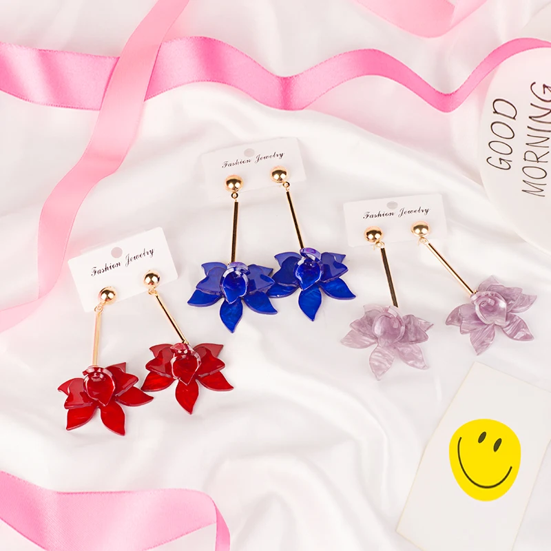 GuanLong Vintage Big Acrylic Drop Earrings for Women New Metal Dangling Blue Resin Earrings Fashion Jewelry Long Flowers Brincos (2)