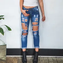 Explosion Models 2015 High Quality Jeans Women Casual Loose Cotton Straight Ripped Jeans Nine pants Plus Size Hot Sales E54