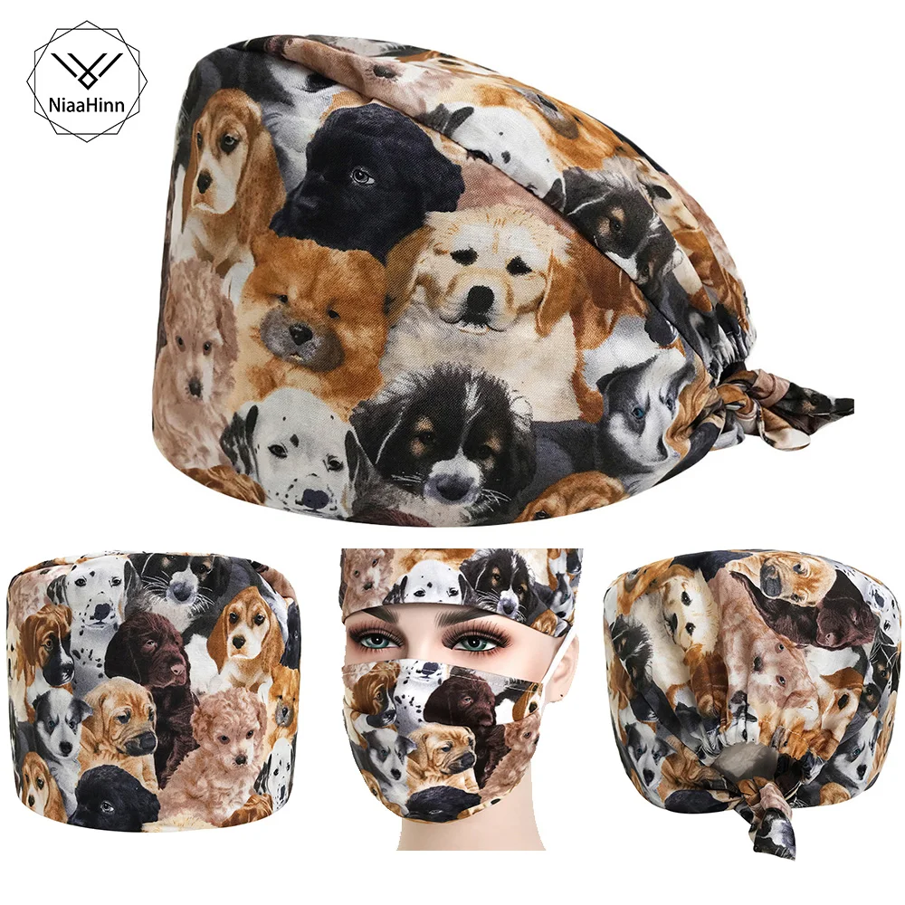 

Women Surgical Caps Pet dog Print Doctor Nurse Medical Cap Beautician Cap Dome Scrub Hat Surgical Caps masks for Doctor Nurse