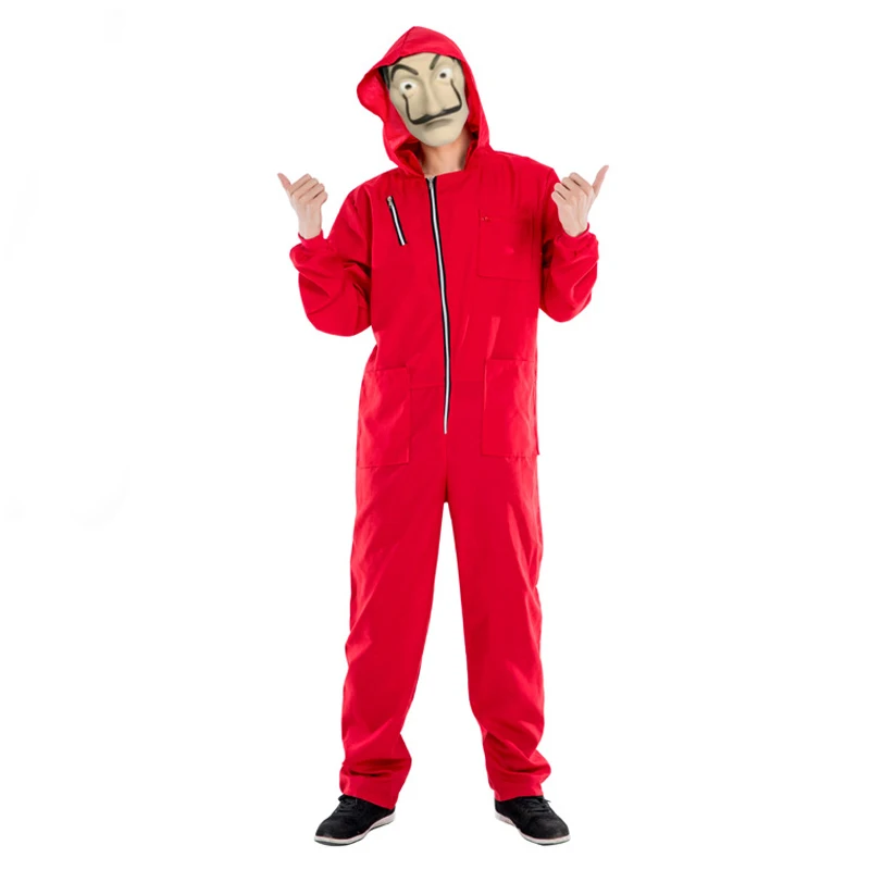 

High Quality Adult Mens La Casa De Papel Salvador Dali Cosplay Movie Costume Red Coverall Halloween Costume Mask Included