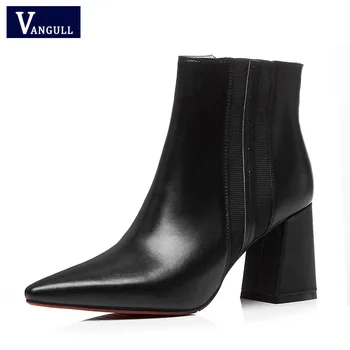 

2018 Autumn new style genuine leather ankle boots pointed toe thick heel chelsea boots calf leather women boots ladies shoes