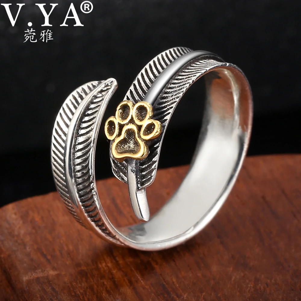 

V.YA Punk 925 Sterling Silver Eagle Feather Rings for Men Women Adjustable Thai Silver Mens Ring Fashion Jewelry